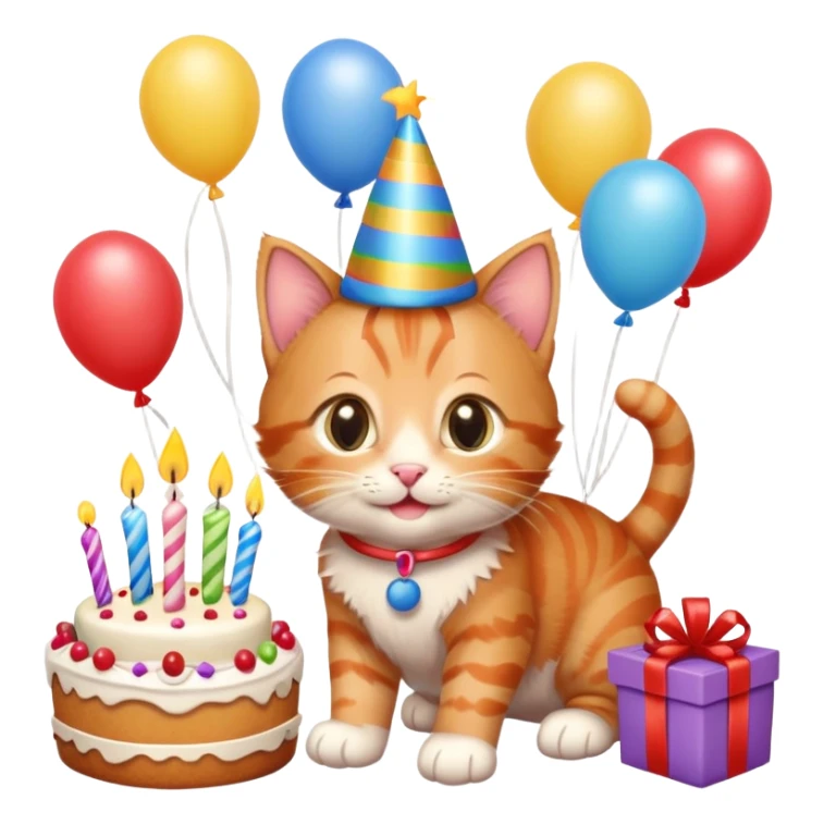 Ginger tabby kitten celebrates birthday, birthday hat, birthday cake, one candle, balloons, happy, gifts sticker