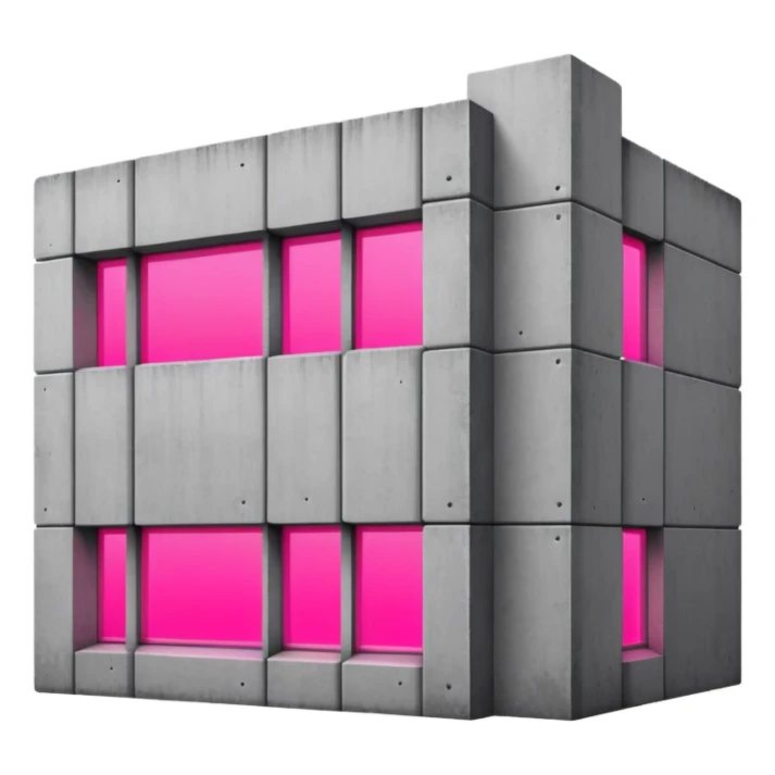 Brutalist gray concrete block building with one neon pink window sticker