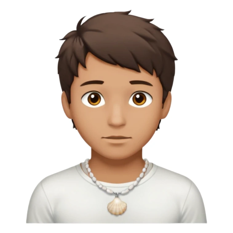 create an emoji of a young man. he has a nice surfer look, with short messy dark brown hair, brown eyes, tanned skin, natural lips. he wears a white tight sea shell necklace with an open short sleeve white shirt sticker