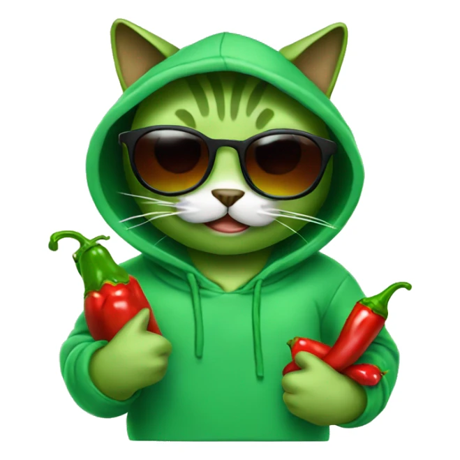 Green cat with sunglasses and wearing hoodie and eat chilli sticker