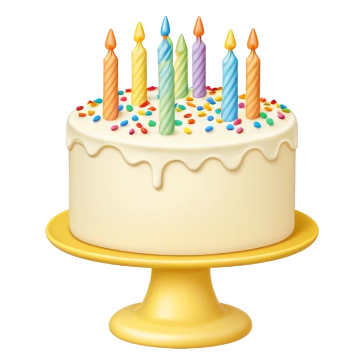 Vanilla buttercream cake on a light yellow cake stand, with rainbow sprinkles  sticker