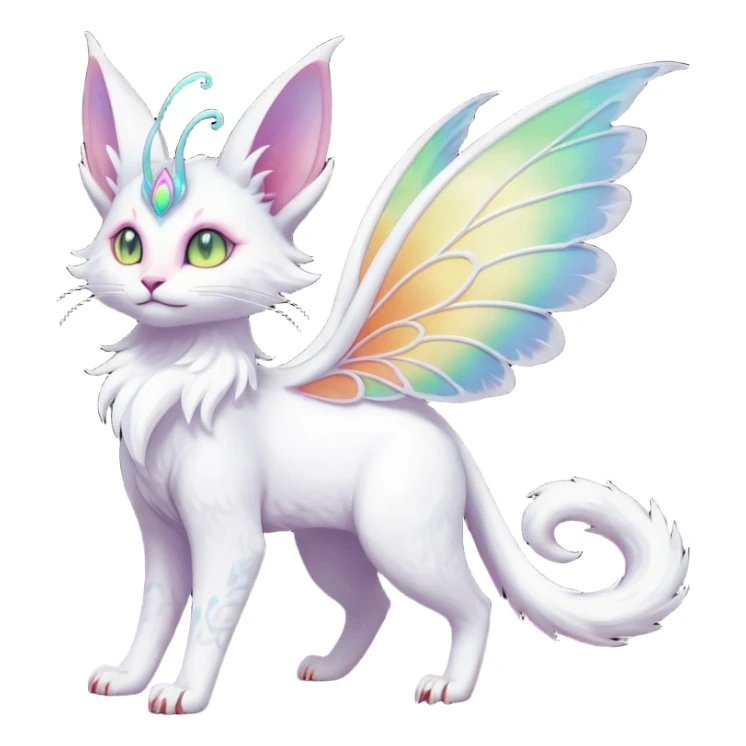 Pure-snow-White albino iridescent with pastel rainbow-gradients-color-markings with swirly patterns butterflies  faerie-Noivern-Noibat-Purloin-Torracat-Lykoi-Caracal-cat-Fakemon-fusion-hybrid-creature sticker