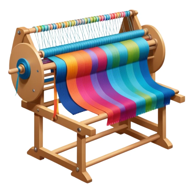 Weaving icon, loom with colorful fabric being woven, visible shuttle, spools of yarn, fabric swatches, sewing patterns, and finished clothes, minimalistic style, clean lines, transparent background. sticker