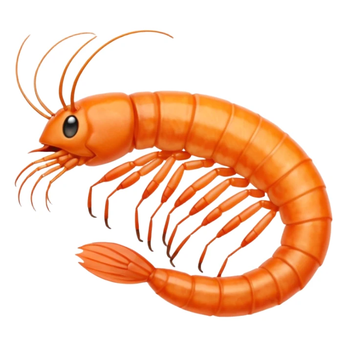 five dried shrimp, curled, visible texture, legs, antennae, dry translucent surface, pale orange to light reddish-brown, sun-dried, no bowl, packaging, or faces, clean 3D, soft lighting, transparent background, emoji scale sticker