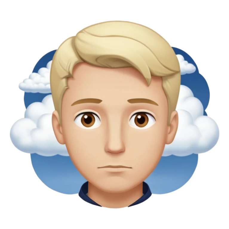 Expressive ,Blond man with brown eyes,contemplative , cartoon style,navy-blue, background has thought clouds elegant  sticker