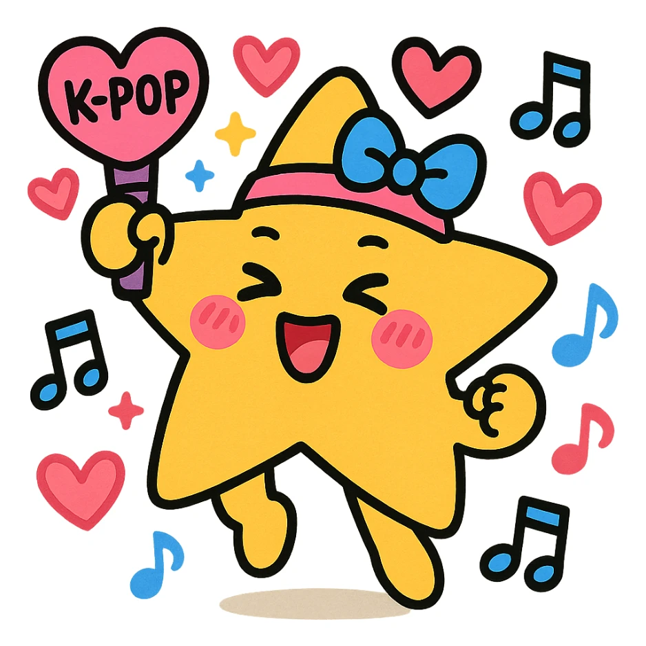kpop fan star with hearts and music notes, playful sticker