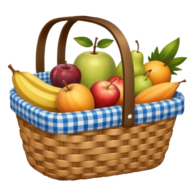 blue plaid lining basket with both food, drink and fruits sticker
