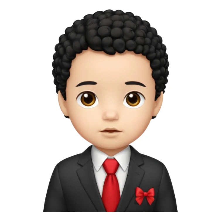 baby boy curly black hair in suit, with red bow sticker
