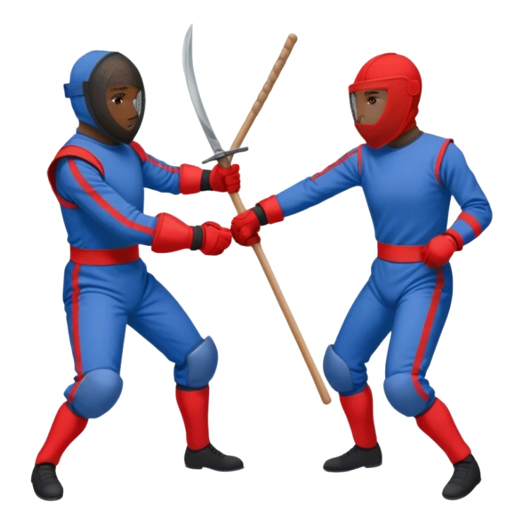Fencing but with sticks, mesh over heads, one red and one blue, red attacking and blue defending sticker
