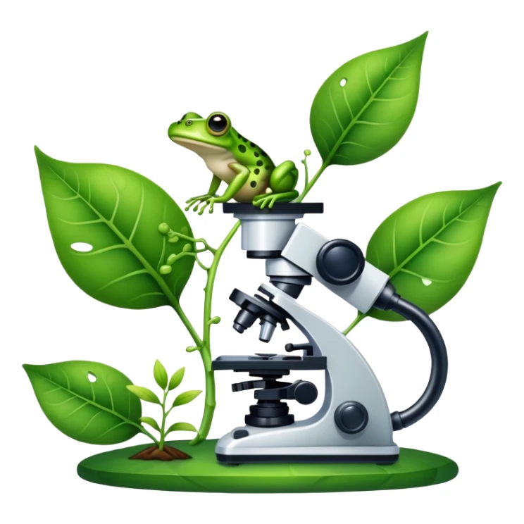 An icon featuring a DNA strand, a microscope, and a green leaf, symbolizing biology. The design includes animal cells, plant structures, and a frog, representing the study of living organisms and ecosystems. Transparent background highlights life sciences and biological research. sticker