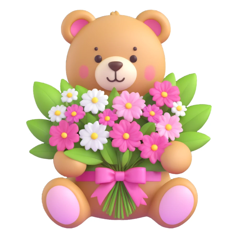 a teddy bear with a pink bow on its head, holding a bouquet of white flowers with green leaves and pink accents, and small pink hearts floating around sticker