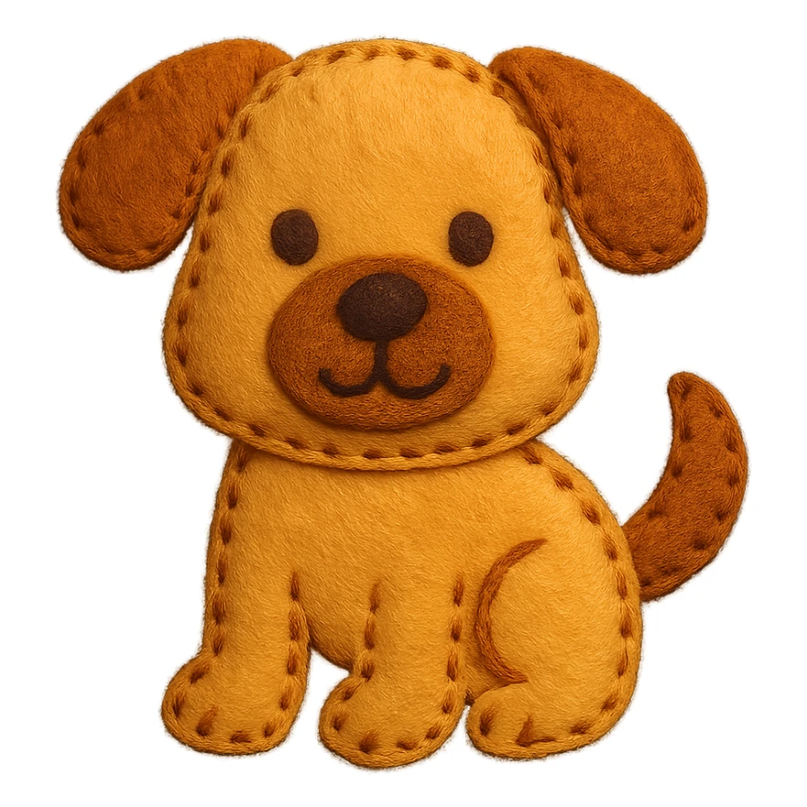 <StylePrompt>
  <Name>Felt Appliqué Plush Style</Name>
  <Description>A soft, handcrafted look inspired by plush felt fabric with visible stitching and a padded 3D texture, rendered on a solid black background.</Description>
  <VisualProperties>
    <Material>Felt</Material>
    <Texture>Soft, fuzzy, with slight fiber detail</Texture>
    <Stitching>
      <Type>Thick thread</Type>
      <Color>Orange or slightly darker tone than fabric</Color>
      <Pattern>Uniform running stitch along outer edge</Pattern>
    </Stitching>
    <Padding>High, plush-like 3D depth</Padding>
    <Edges>Rounded corners</Edges>
    <ColorPalette>
      <Primary>Warm yellow/orange tones</Primary>
      <Accent>Brown or dark orange for facial features and outline</Accent>
      <Background>Black</Background>
    </ColorPalette>
  </VisualProperties>
  <Rendering>
    <Lighting>Soft, even studio lighting</Lighting>
    <Shadows>Subtle drop shadows for depth</Shadows>
    <Perspective>Flat front-facing, symmetrical if applicable</Perspective>
  </Rendering>
  <Applicability>
    <SubjectType>Any object, animal, or letterform</SubjectType>
    <OutputFormat>Icon, emoji, patch-style graphic</OutputFormat>
  </Applicability>
</StylePrompt>

{subject} = dog sticker
