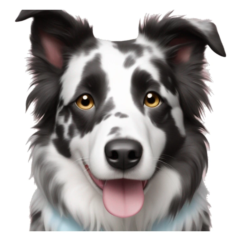 Brindle border collie with black white and gray color pattern face is all white with blue eyes spots around eyes and spots on pink nose sticker