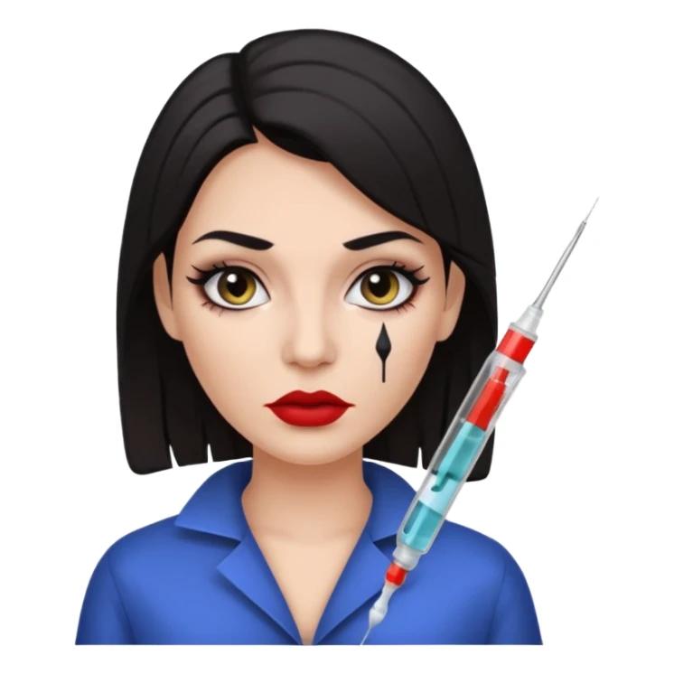 White woman with dark hair and makeup with syringe on a face sticker