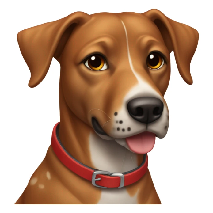 A Kurtzhaar dog with a brown head and spotted body and a red collar sticker