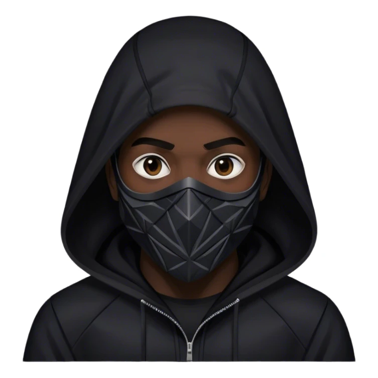 man with black hooded jacket and a full black full-face geometric mask sticker