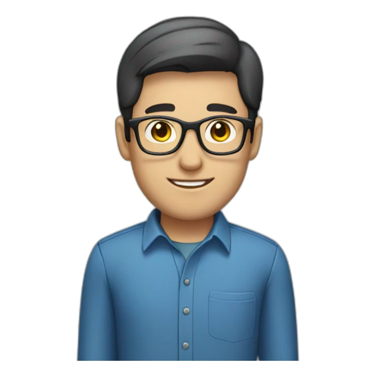 male employee dark short hair glasses blue shirt sticker