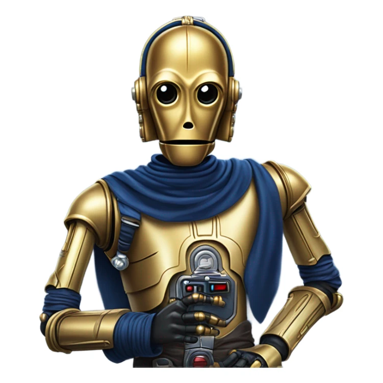 darkblue-pearl smiling bounty hunter c3po droid wearing backpack, saddlebags and light saber ready to fight at ease. steampunk sticker