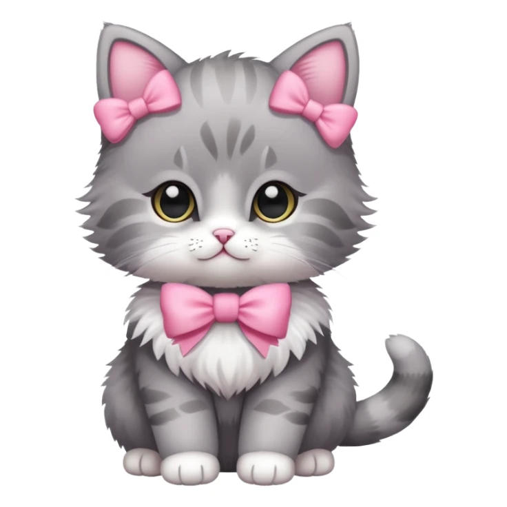 cute baby cat, full body, fluffy, gray with pink bow sticker