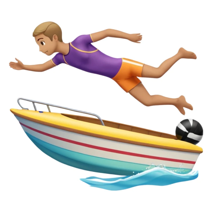 Emoji-style side view of boat with person diving off, rounded cute features, soft shading, colorful, PNG cutout sticker