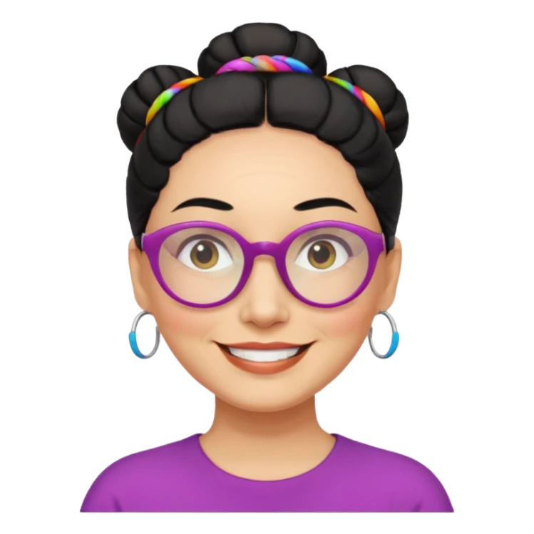 light skin middle aged with low bun in one black hair with multi colored glasses sticker