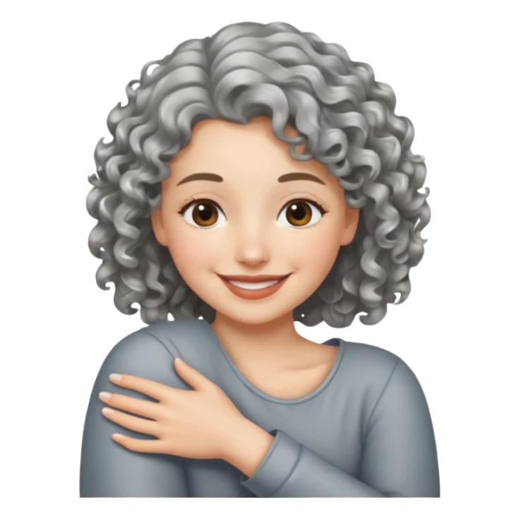 silver, wavy/curly hair shorter than shoulder-length smiling lady giving hug sticker