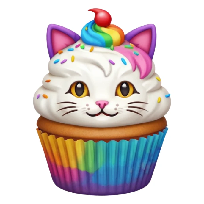cute colorful cupcake with cat head, emoji style sticker
