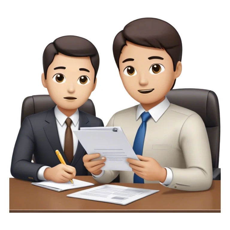 “An emoji-style illustration of a Korean man bringing a document to his boss for approval. The man is dressed in office attire, holding a document folder or papers, and approaching a superior who is seated at a desk. The boss appears authoritative, possibly reviewing or signing the document. The setting suggests a professional office environment, depicted in a minimalistic and expressive emoji-like style.” sticker