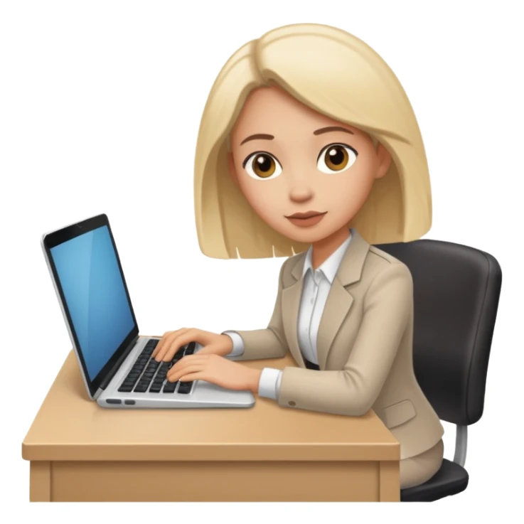 a lady who is really focused on her work, sitting at her desk with a keyboard and a laptop on the desk sticker