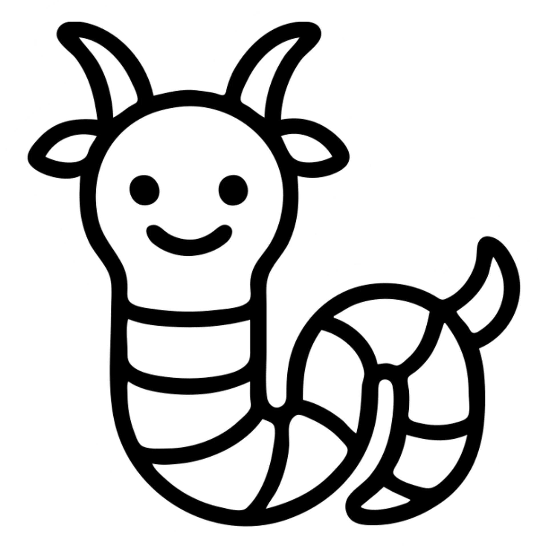 surreal hybrid worm with goat's horns and little tail, smiling, simple bold outlined icon style sticker