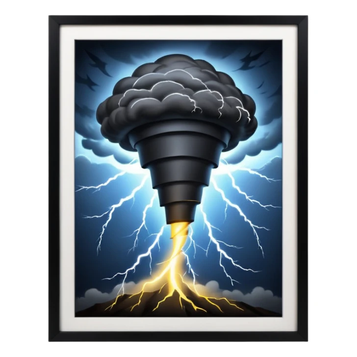 A Discord emoji of a dark, stylized tornado with lightning bolts inside a black circular frame. High contrast, aggressive lines, white background. sticker