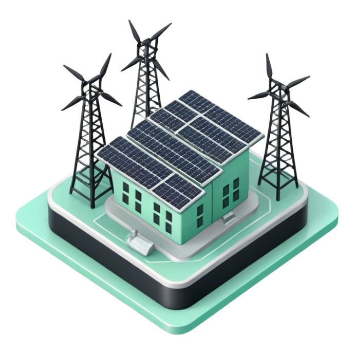Énergie (Energy), 3D technical icon with black and mint green (#B5F4D3), energy regulatory framework with power grid schematics and compliance metrics sticker
