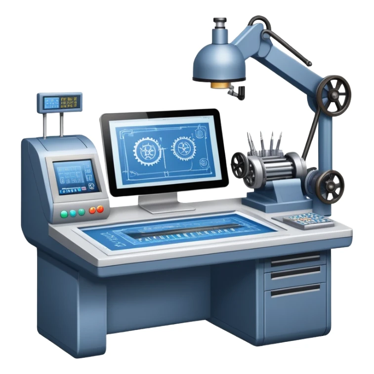 An icon featuring an engineer’s desk with blueprints, a ready machine, and microchips, symbolizing engineering. The design includes gears, tools, and a caliper, representing the design and construction of innovative technologies. Transparent background highlights the precision sticker