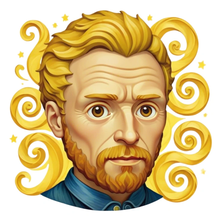 Cinematic Realistic Vincent van Gogh Pop Culture Emoji, featuring an expressive portrayal inspired by the legendary painter rendered with dynamic, swirling textures and artistic lighting. sticker