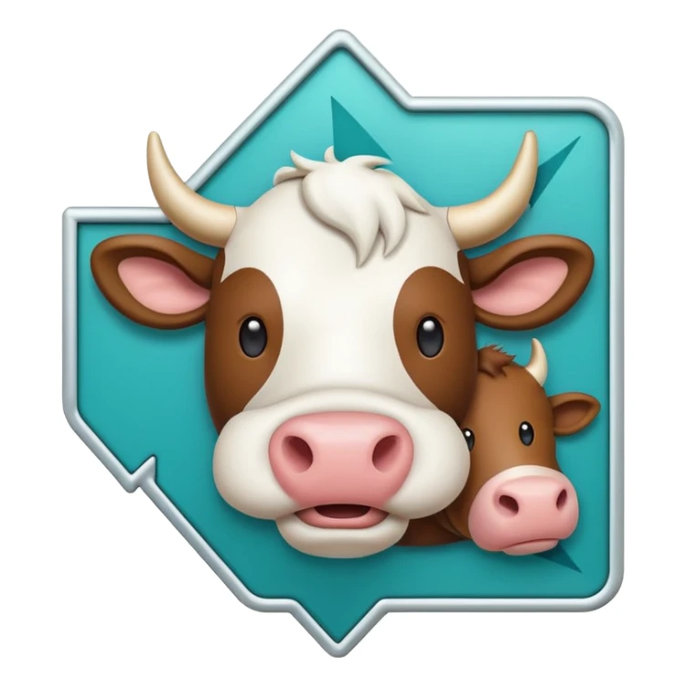 A simple emoji icon showing a cow and buffalo inside an upload frame with an upward arrow, indicating image upload for breed detection. Flat modern emoji design, soft shadows, teal and white theme, readable at small sizes, centered, no text. sticker