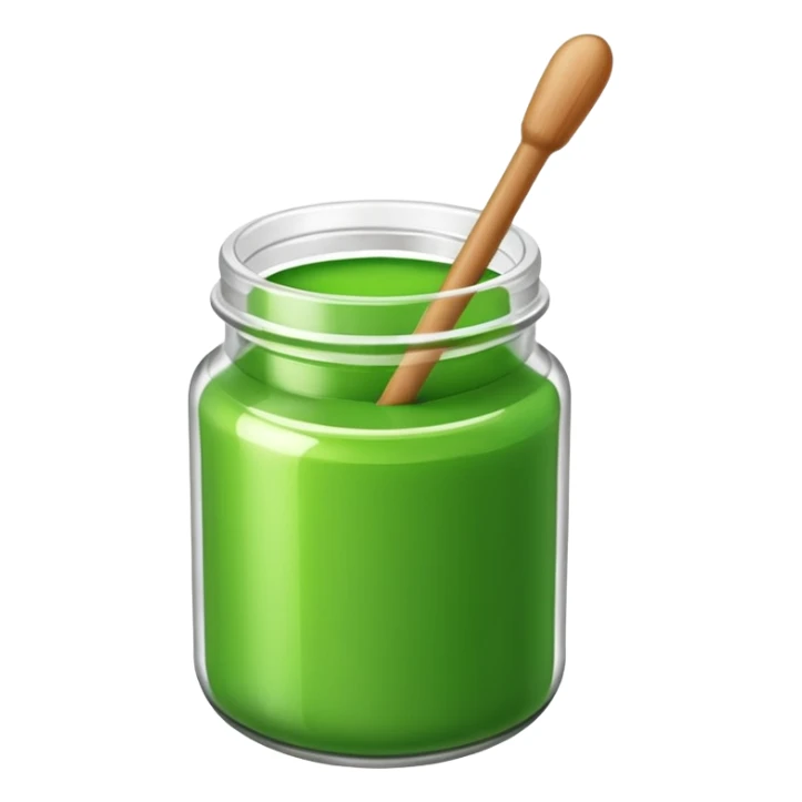 A small open plastic jar of vibrant green wax, wooden stick inside sticker