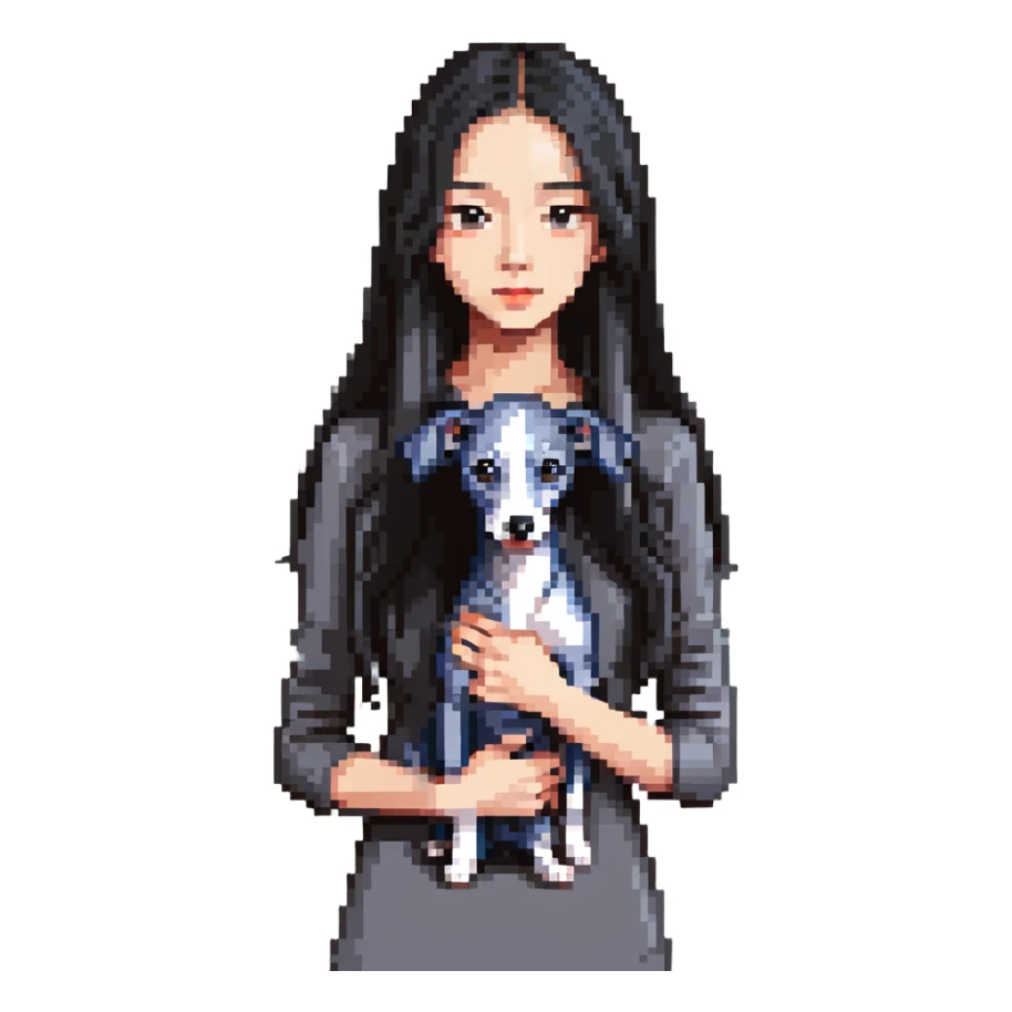 Slim Chinese girl with long black hair holding completely solid grey Italian greyhound with absolutely no white markings anywhere sticker