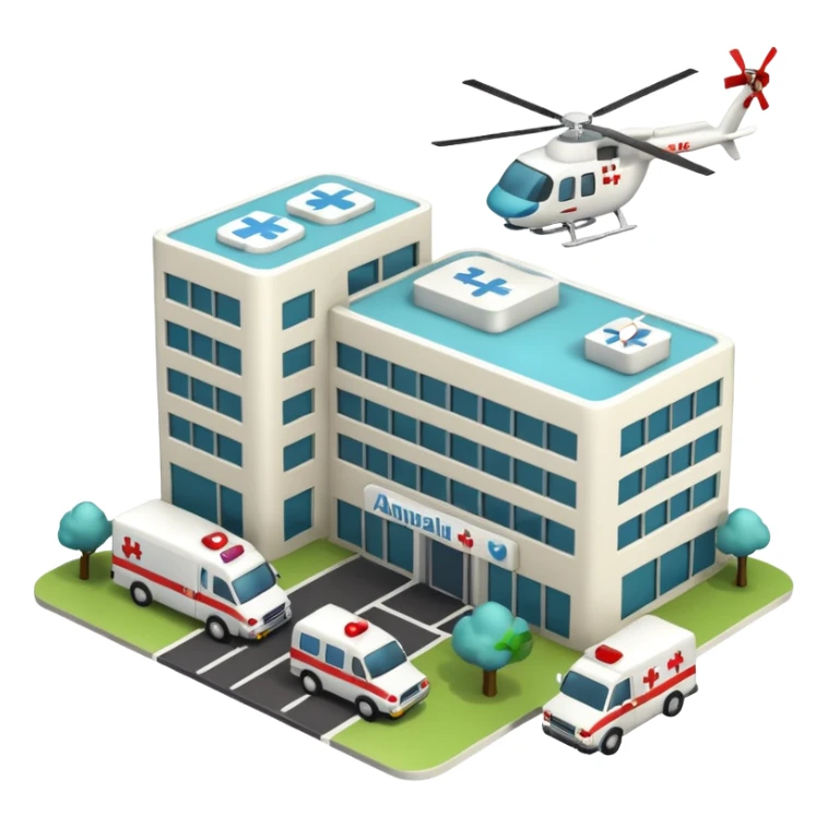 3d hospital outside, with text hospital, ambulance, helicopter sticker
