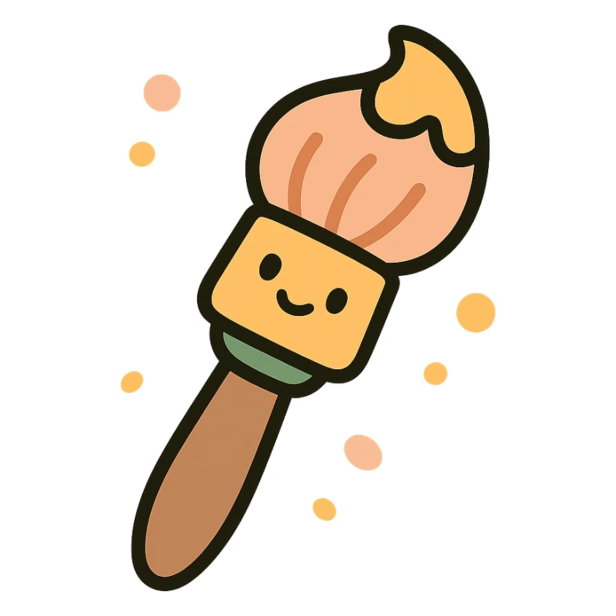 A cute and whimsical artist's paintbrush with a soft and cozy design, featuring a warm color palette: golden orange (FA9B41), deep forest green (4A7C5C), muted taupe brown (96775A), and pastel peach (FFCC9A). The brush has a delicate wooden handle in muted brown, with the bristles slightly fanned out, holding a touch of paint in shades of peach and orange. The tip of the brush is dipped in a soft golden hue, and tiny splashes of paint in the palette’s colors are gently scattered around. The overall mood is playful, artistic, and charming, evoking a sense of creativity and warmth. sticker