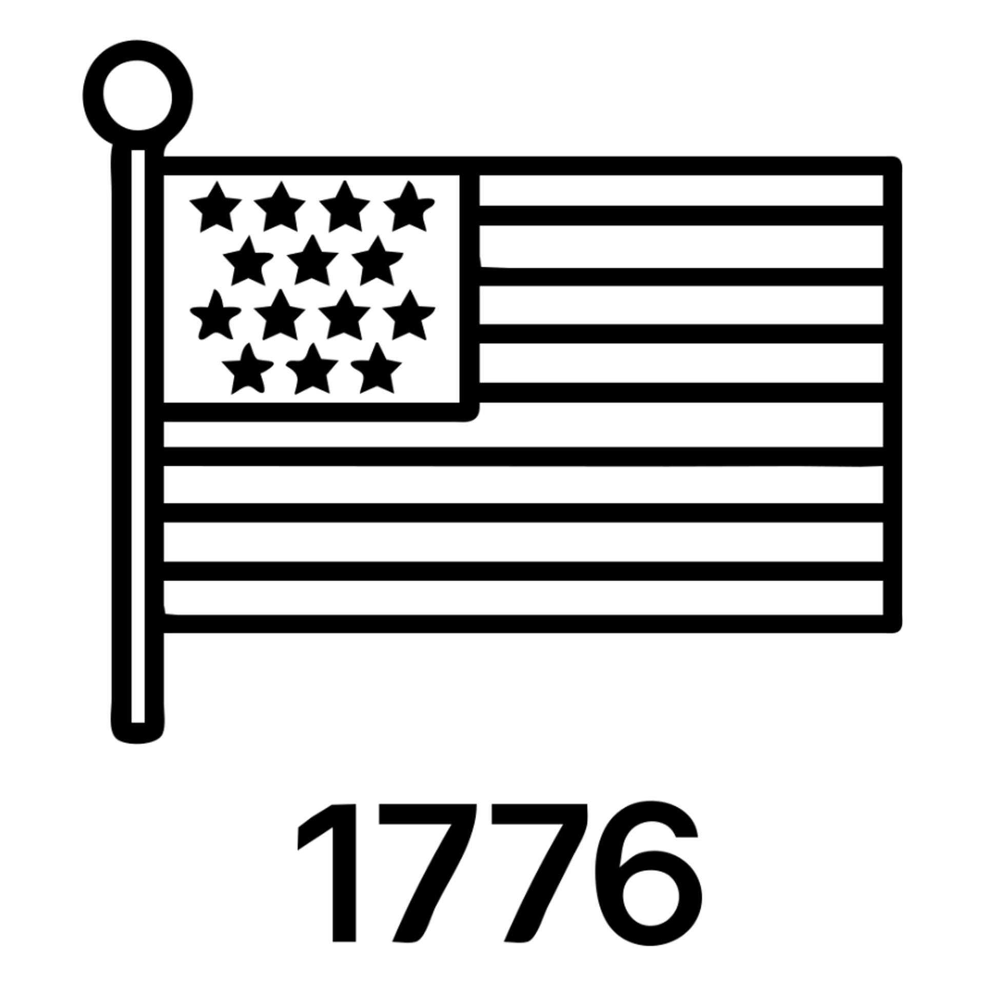 Add the text '1776' in bold black font below the horizontal modern icon style black and white American flag, keeping the style and background transparent. sticker