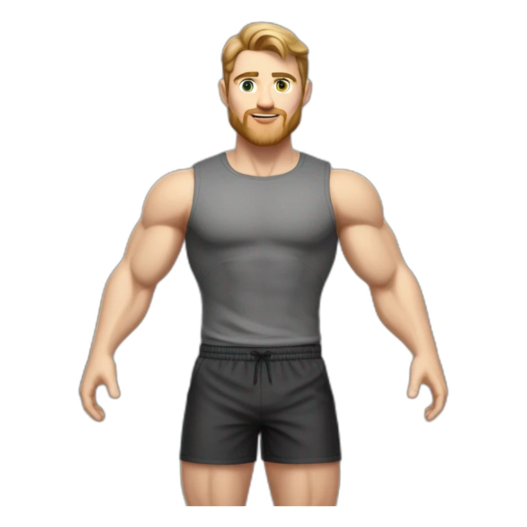 Full height Pale skinned muscular man With Realistic eyes and mouth, light brown hair and stubble In dark gray sleeveless mike, black oversize sports shorts, watch and white sneakers. sticker