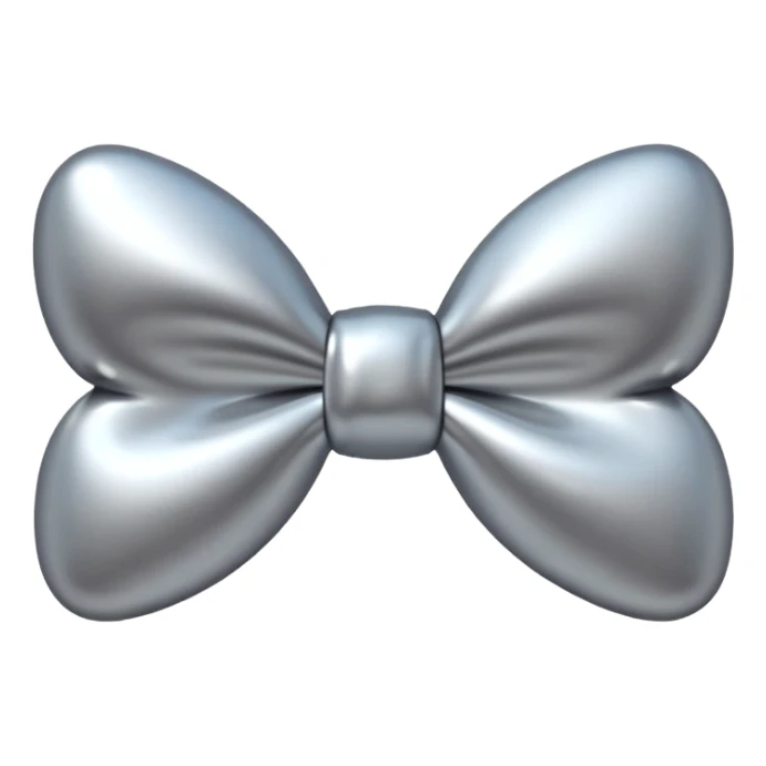 A cute bow emoji made of polished silver chrome, smooth rounded loops, glossy metallic surface, soft mirror reflections, subtle highlights, minimal and adorable proportions, iOS emoji style, centered composition, clean white background, soft studio lighting, no text, no outline, ultra high quality sticker