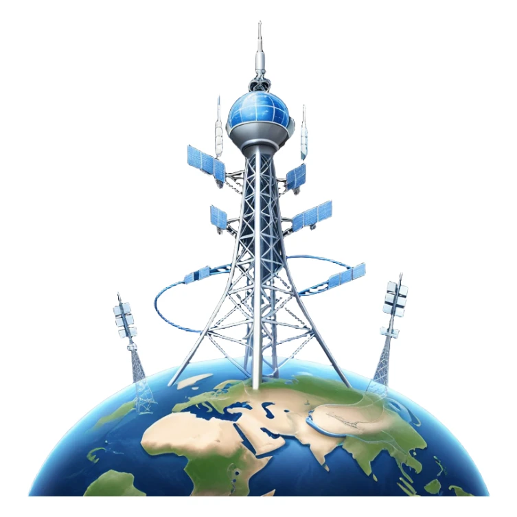 An icon featuring a communication tower with signal waves, satellites in orbit, and fiber optic cables. The design includes a smartphone and an earth with connection lines, symbolizing global communication networks. Transparent background  sticker