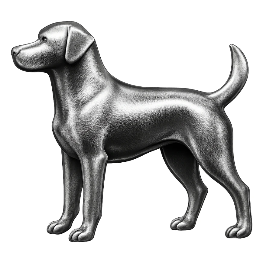               Apply a high-end, photorealistic metallic chrome material to the provided {subject}. The material should have a smooth, slightly curved surface with subtle reflections and soft shadows, resembling brushed or polished silver metal. Preserve the exact shape, proportions, and design of the original object. Set it against a solid black background (#000000) in 8K resolution. The lighting should enhance the beveled edges and reflective highlights, creating a sleek, premium finish. {subject} = dog sticker