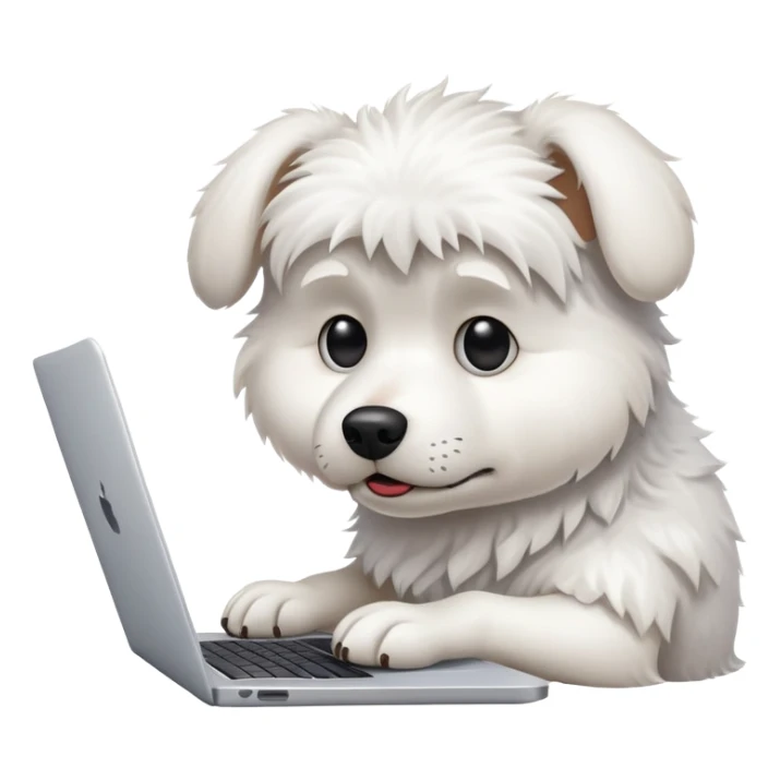 A busy white dog typing on a laptop looking stressed and overwhelmed sticker