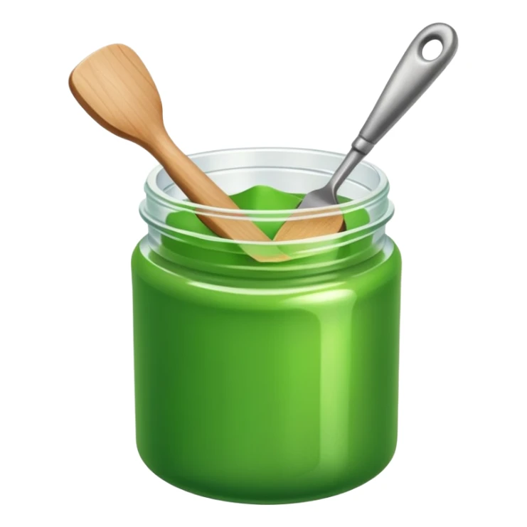 A small open plastic jar of vibrant green wax, wooden spatula inside sticker