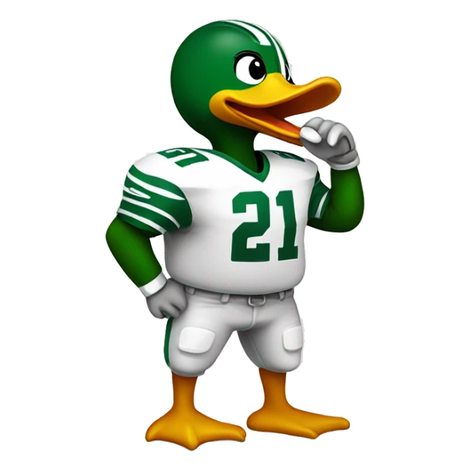 Duck wearing a football jersey with a field post sticker