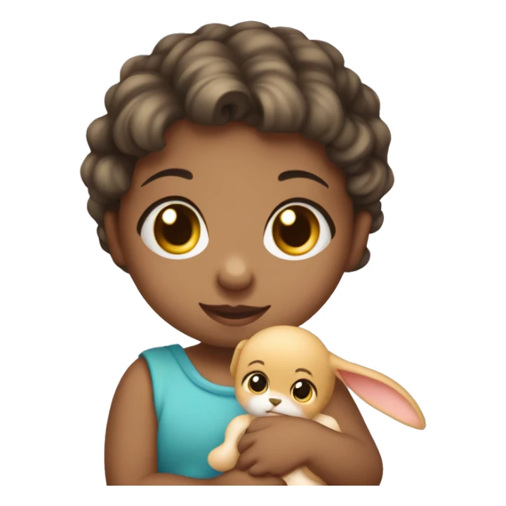 Niña 18 meses, con chupete y con un conejo de trapo en la mano sticker