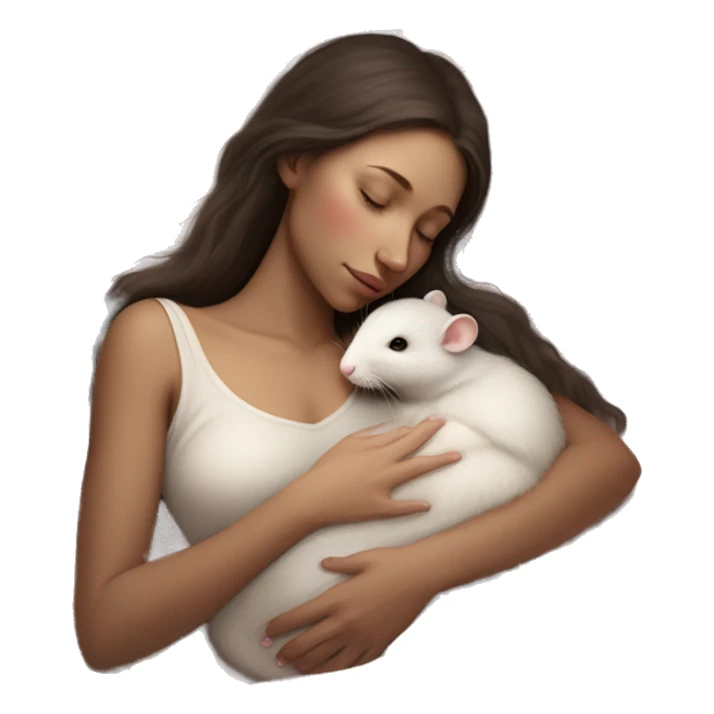 tan skinned white woman with dark brown hair peacefully sleeping and cradling a small delicate white rat with pink eyes in her hands resting it close to her chest. serene and dreamy atmosphere style is soft and realistic sticker