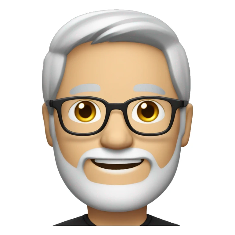 he is 45 years old with rectangular glasses, fair skin, a beard, gray hair, brown eyes. He wears a black hoodie with a chat bubble and inside says Hello with a big smile
 sticker